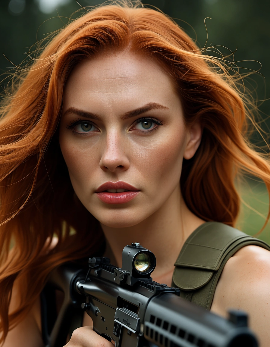 dslr, film grain, photorealistic, redhead woman, floating hair, weapon, facesitting, lifelike render, score_9, score_8, candid photo, realistic skin texture, visible skin pores, film grain, depth of field