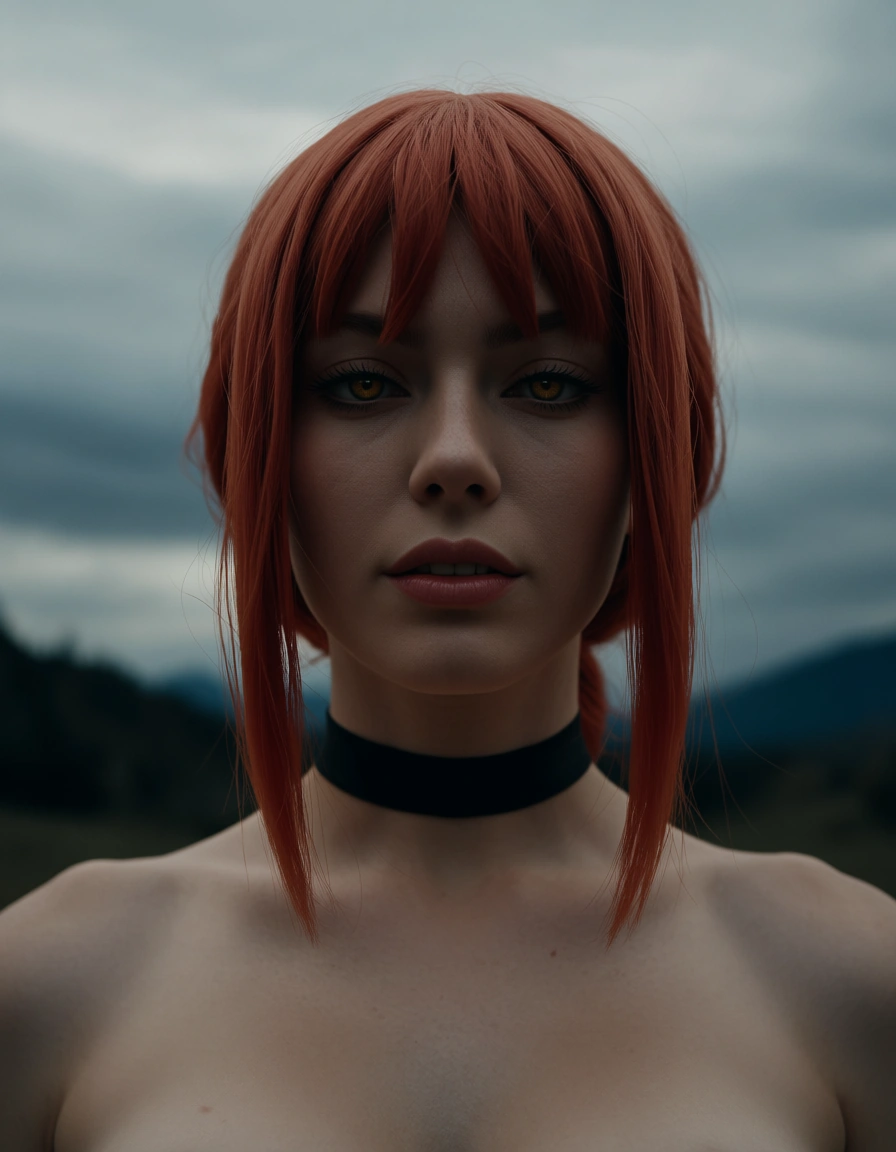 dslr, film grain, photorealistic, portrait, demon girl, topless, skindentation, cloudy_sky, film, japanese_armor, choker, solo_focus, @makima_(chainsaw_man), score_9, score_8, candid photo, realistic skin texture, visible skin pores, film grain, depth of field