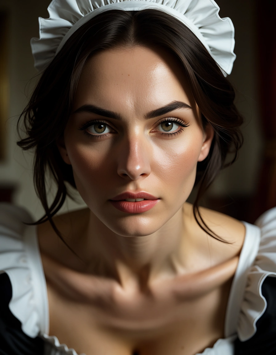 dslr, film grain, photorealistic, maid, doggy style, collarbone, film photography, score_9, score_8, candid photo, realistic skin texture, visible skin pores, film grain, depth of field