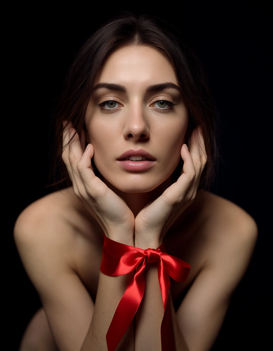 best quality, hyperrealistic, male focus, holding hands, ribbon, doggy style, black background, rim light, studio photo, score_9, score_8, candid photo, realistic skin texture, visible skin pores, film grain, depth of field