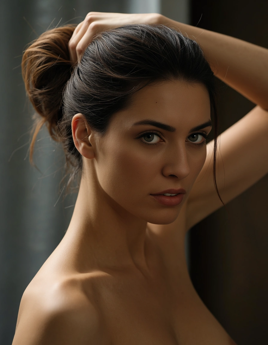 19 years old mexican fully nude, with her hair tied up, score_9, score_8, candid photo, realistic skin texture, visible skin pores, film grain, depth of field