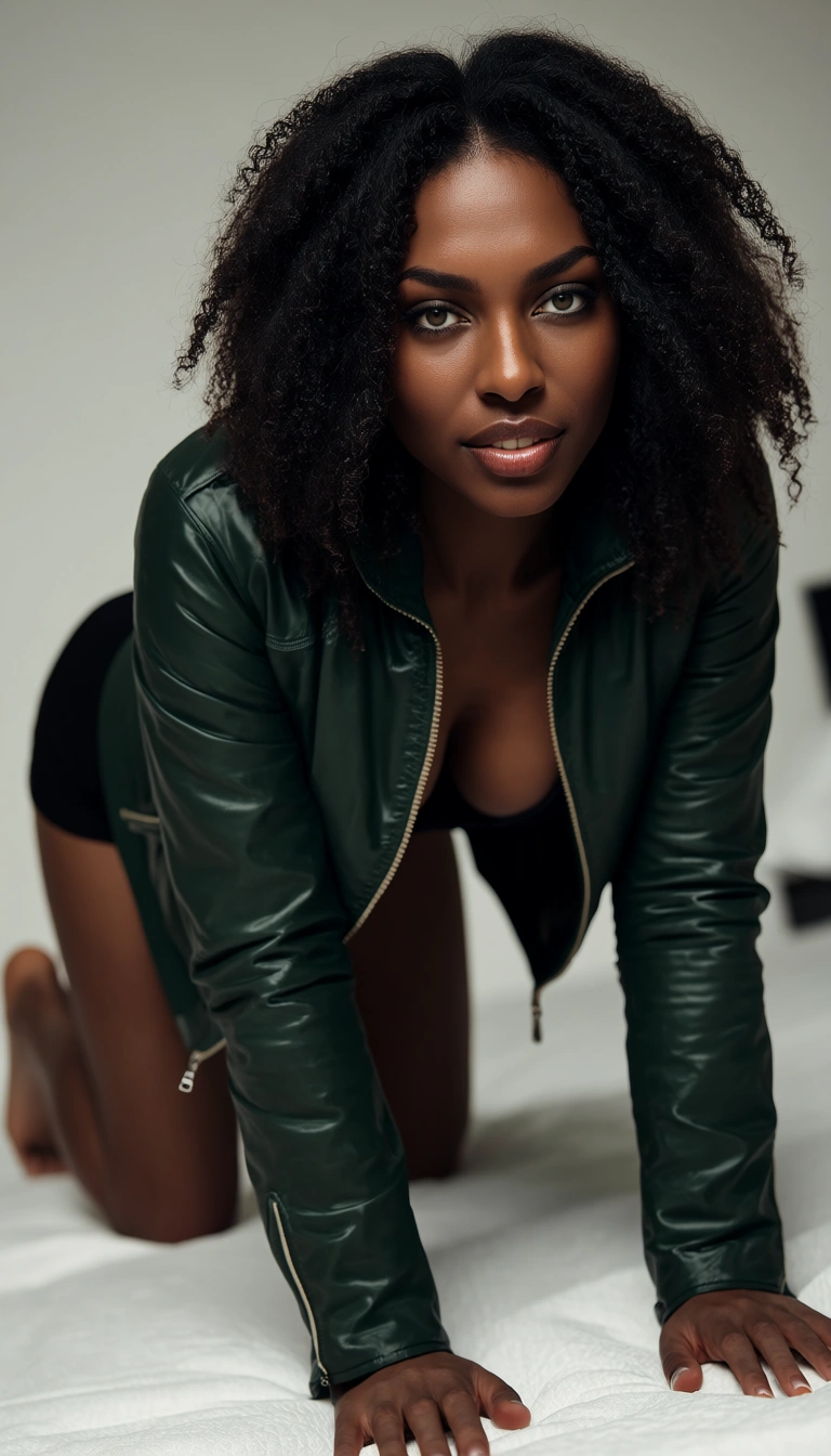 RAW photo, ultra realistic, black woman, barefoot, jacket, on all fours, dutch angle, lifelike render