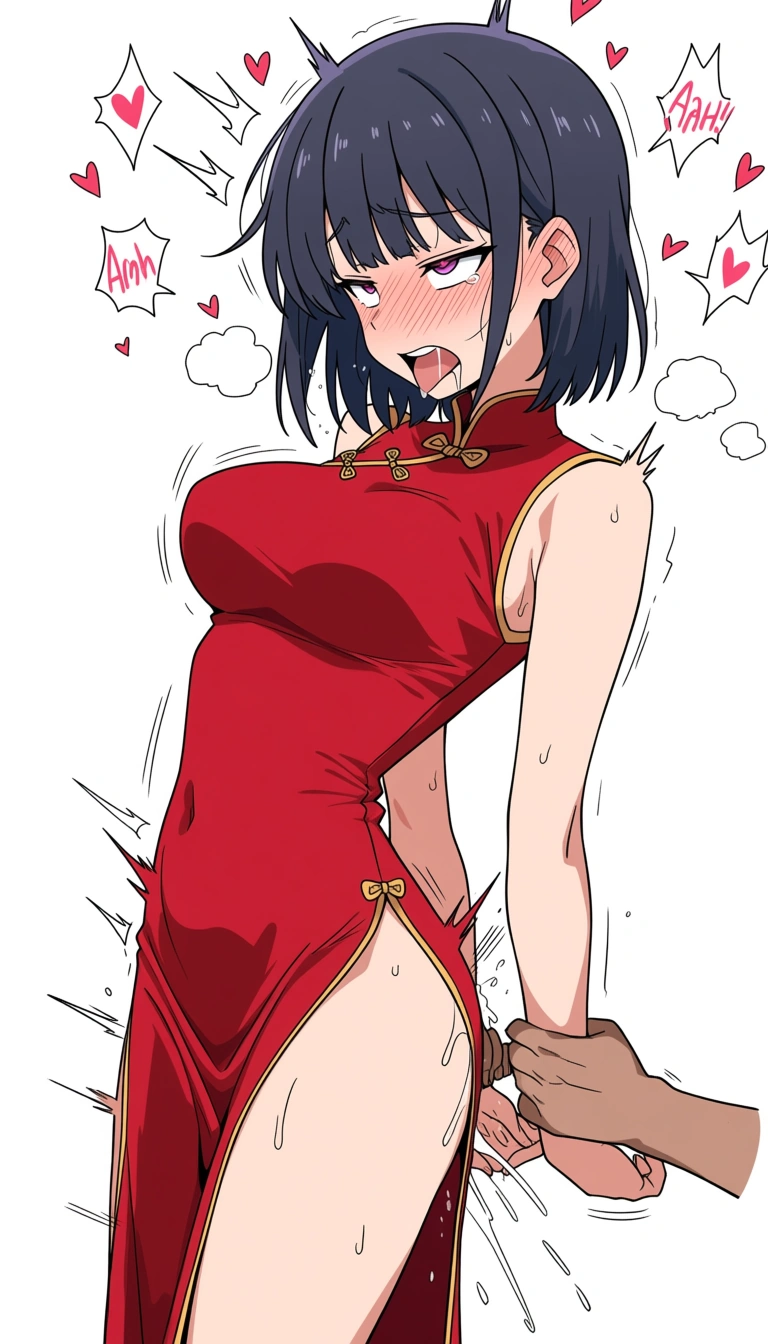 chinese girl wearing red qipao gets fucked from behind with both hands pulled back while gasping for air and with hearts around her head
