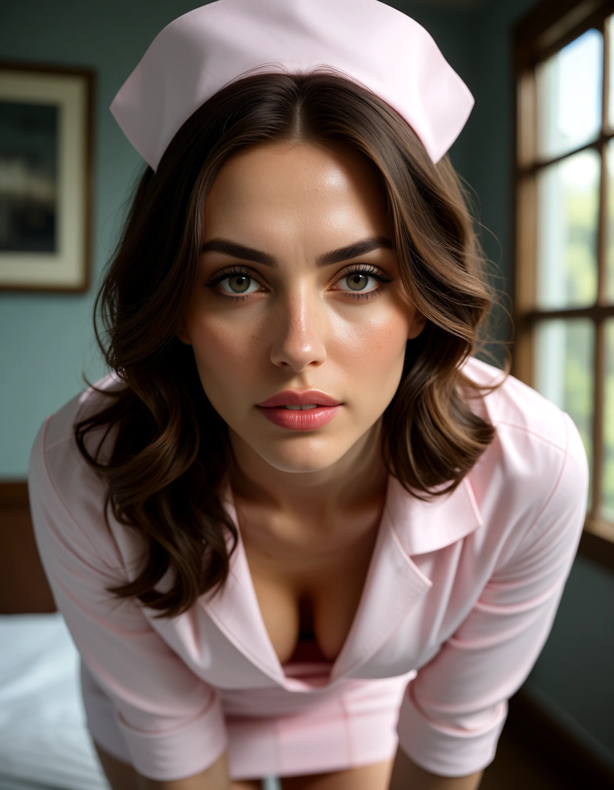 dslr, film grain, photorealistic, nurse, long sleeves, bent over, window light, hyperrealistic, score_9, score_8, candid photo, realistic skin texture, visible skin pores, film grain, depth of field