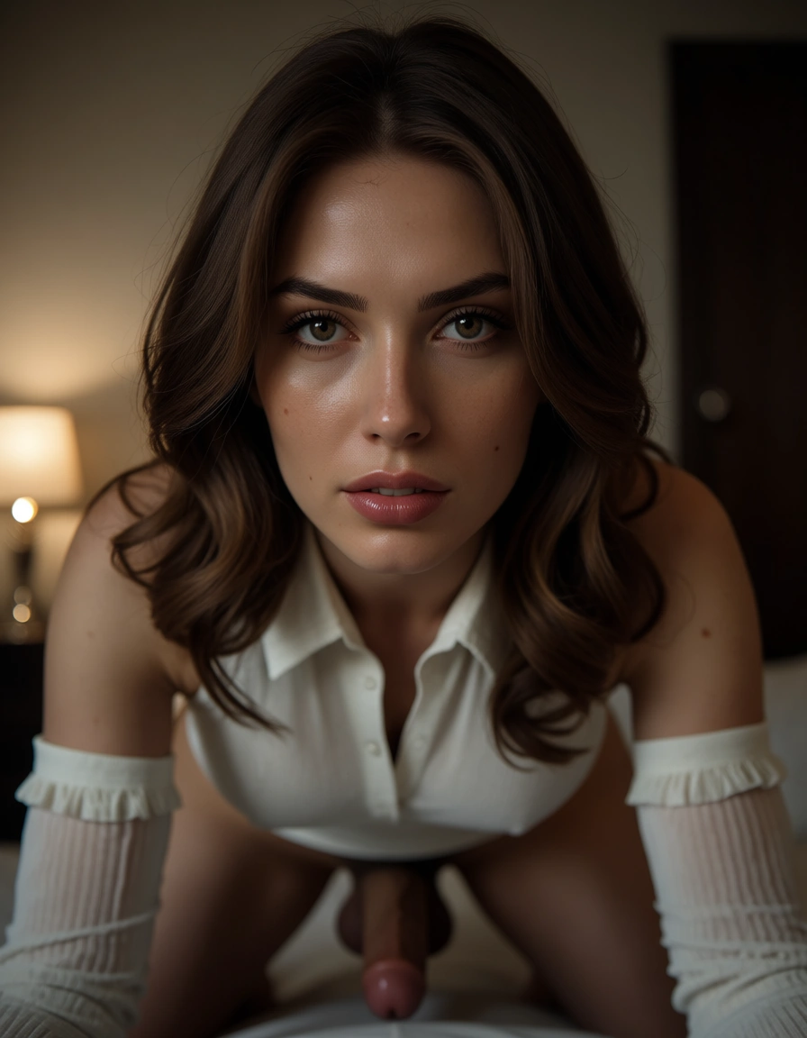 cinematic photo, 8k, solo female, collared shirt, futanari, soft lighting, detached_sleeves r quality, score_9, score_8, candid photo, realistic skin texture, visible skin pores, film grain, depth of field