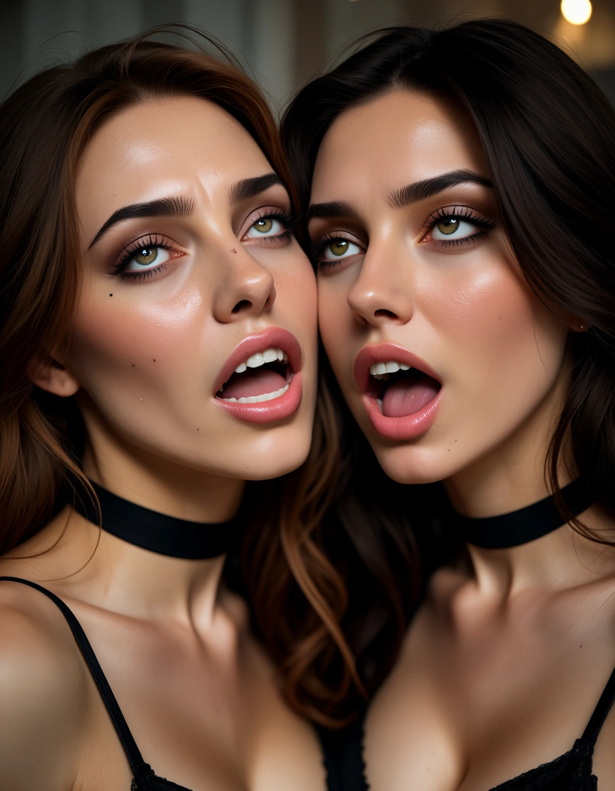 8k, sharp focus, detailed skin, couple, ahoge, choker, ahegao, RAW photo, score_9, score_8, candid photo, realistic skin texture, visible skin pores, film grain, depth of field