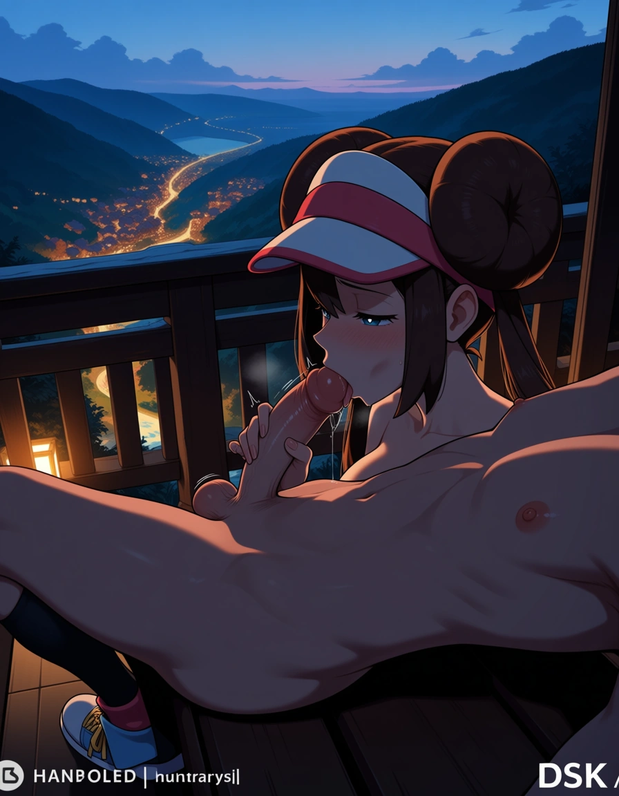 @rosa_(pokemon), detailed shading, masterpiece, futanari, erection, fellatio, masturbation, from_side, scenic overlook, she is sucking the white male viewer's cock and stroking her own cock, hentai_studio_quality