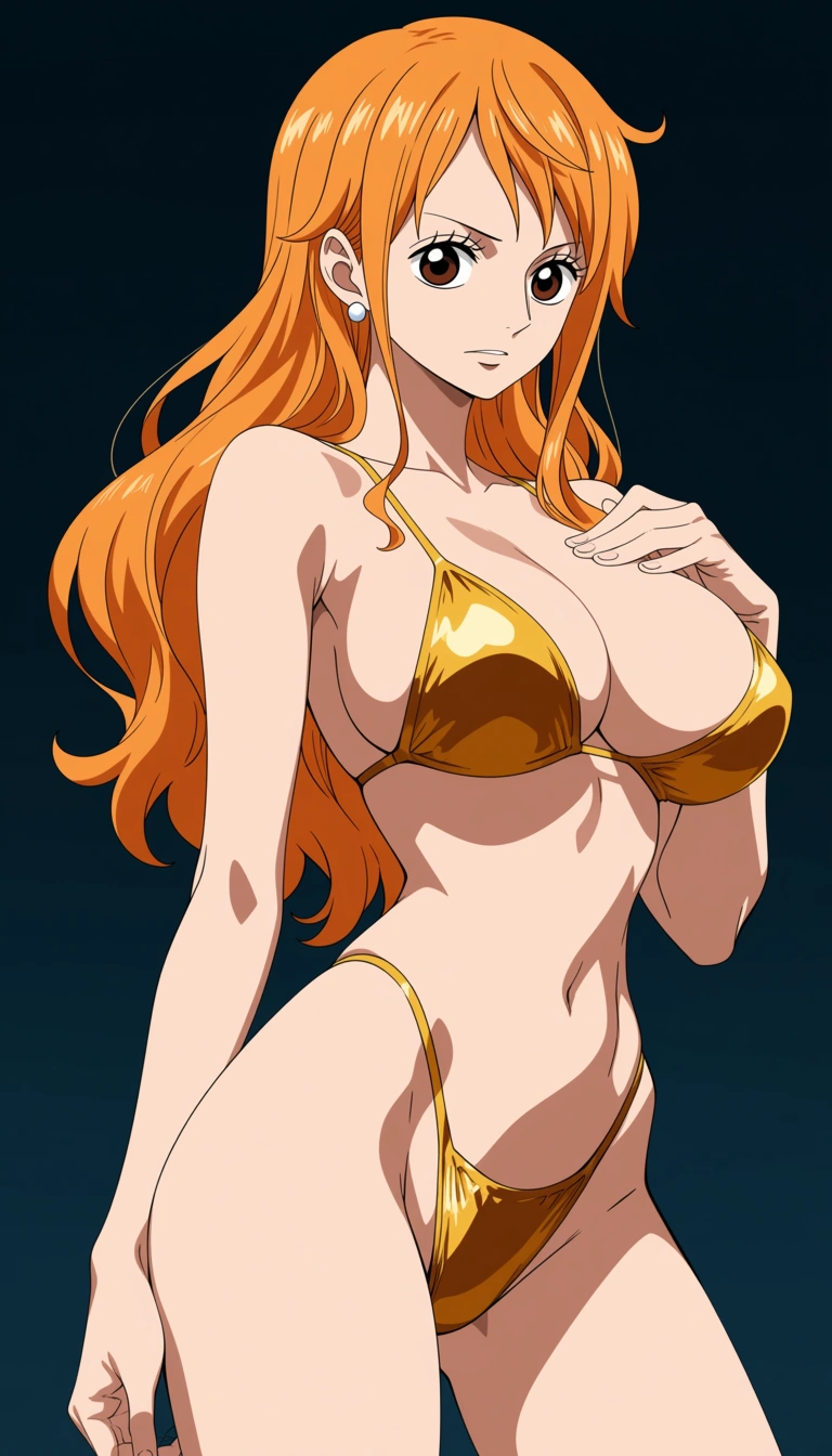 (anime style:1.3), 2d, anime screencap, cel shading, flat color, @00osamio00, Nami from One Piece, Oda style,
