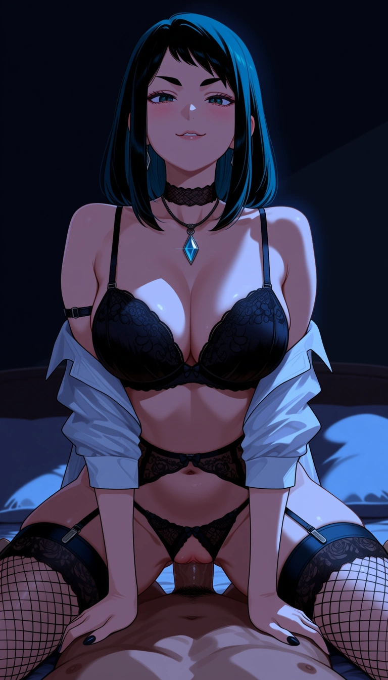 @uraraka_ochaco,18+ , perfect body,rounded hips,  detailed body, medium_breasts , wariza on bed in  dark bedroom,  seductive_smile , biting lips, black bra, black panties , black fishnet Stockings , black garter_belt, gem, Rhinestones, string lingerie, pursed lips, thigh accessory,, choker, leg choker, arms choker,  night, night sky light, soft light, smooth light,  night light in bedroom, seductive_pose, cowgirl_position, vaginal sex, huge mega oversized dick in pussy,  white unfastened blouse, hands on man body, hentai_studio_quality