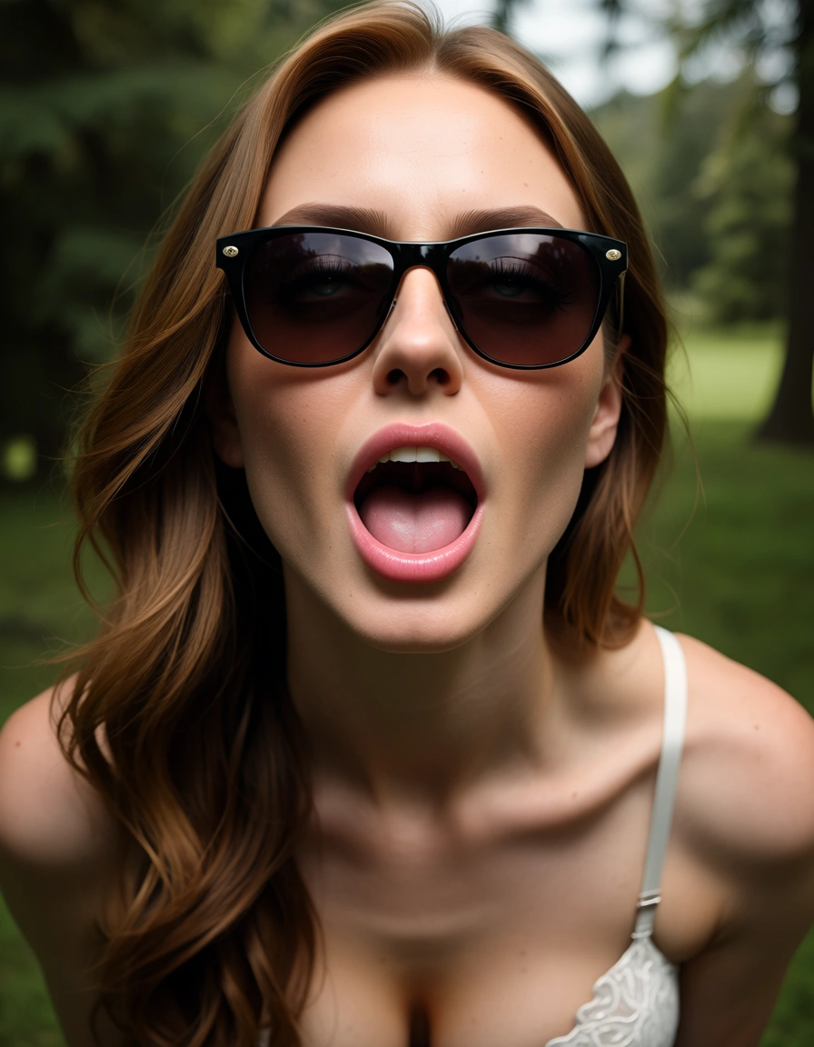 dslr, film grain, photorealistic, princess, sunglasses, underwear, ahegao, outdoors, 8k uhd photo, score_9, score_8, candid photo, realistic skin texture, visible skin pores, film grain, depth of field