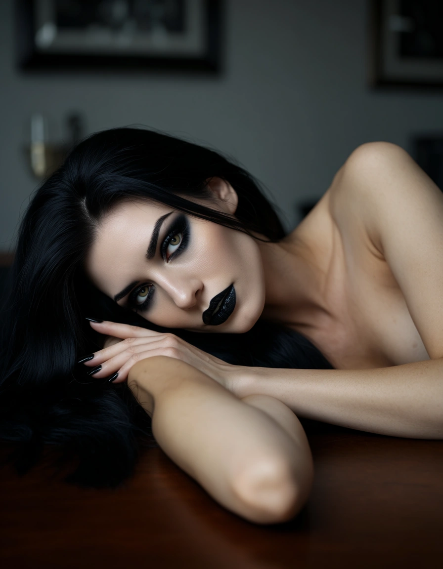 goth girl, 21 years old, long black hair, skinny, 32A, black eyeliner, black lipstick, black fingernails, lying on her left side on a table, score_9, score_8, candid photo, realistic skin texture, visible skin pores, film grain, depth of field
