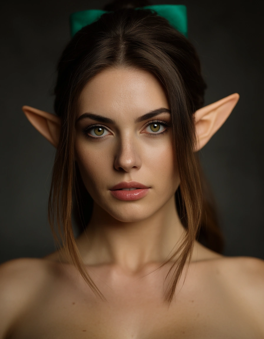 sharp focus, 8k uhd, elf woman, bow, futanari, volumetric light, lifelike render, score_9, score_8, candid photo, realistic skin texture, visible skin pores, film grain, depth of field