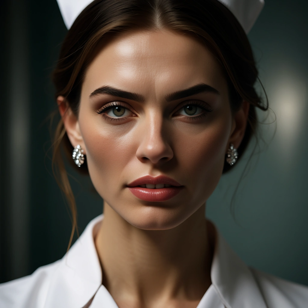 sharp focus, 8k uhd, nurse, earrings, grinding, film photography
