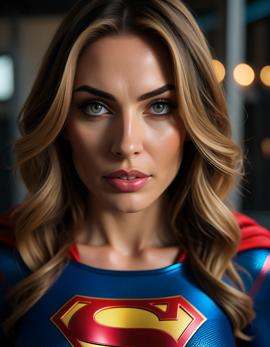 Supergirl with huge tits in 98% transparent outfit., score_9, score_8, candid photo, realistic skin texture, visible skin pores, film grain, depth of field