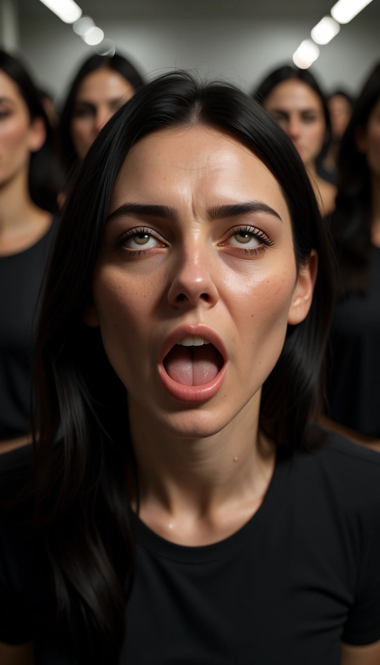 8k, sharp focus, detailed skin, 6+girls, black hair, shirt, ahegao, cinematic realism