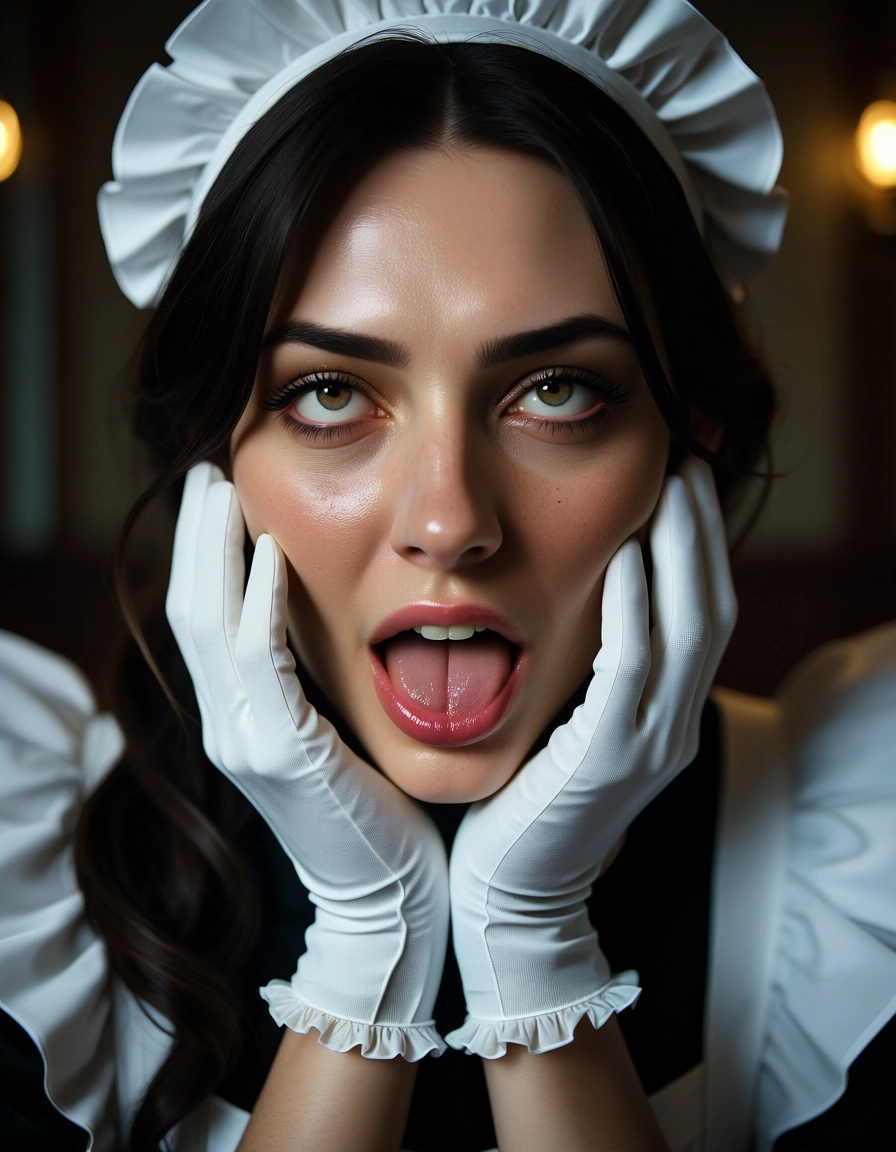 dslr, film grain, photorealistic, maid, white gloves, ahegao, ambient glow, cinematic realism, score_9, score_8, candid photo, realistic skin texture, visible skin pores, film grain, depth of field