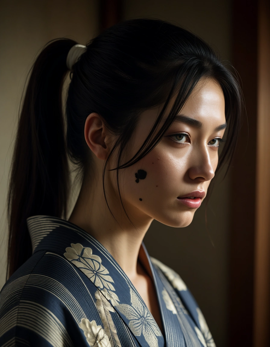 8k, sharp focus, detailed skin, 1other, ponytail, japanese clothes, bondage, film photography, score_9, score_8, amateur photo, phone snapshot, realistic skin texture, skin blemishes, soft indoor lighting
