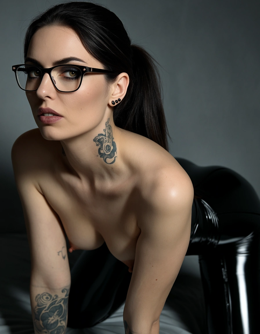 RAW photo, tall brunette with tattoos piercings and glasses, with small perky breasts. Gothic look,. Black hair tied into a pony tail. She is dressed in a latex bodysuit. She is on all fours with her back arched, score_9, score_8, candid photo, realistic skin texture, visible skin pores, film grain, depth of field