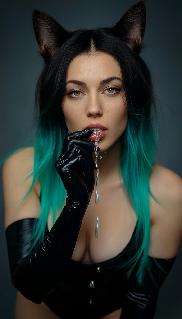 dslr, film grain, photorealistic, catgirl, gradient hair, elbow gloves, squirting, cinematic realism