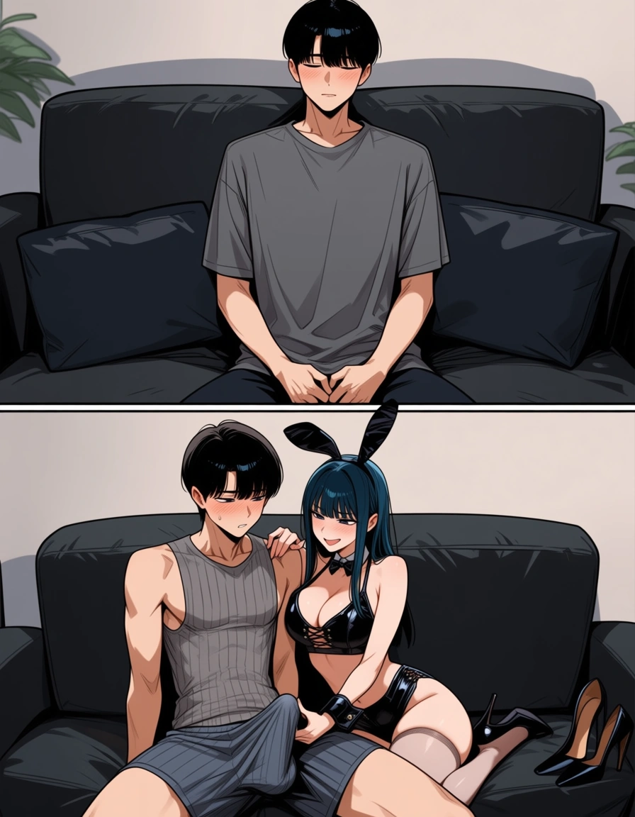 A Korean couple, the boyfriend is sitting in the apartment couch was just wearing boxers without a shirt, then her girlfriend shows up with a stripper outfit as she kneels down in front of her boyfriend and plays the hard dick beneath the boxers, hentai_studio_quality
