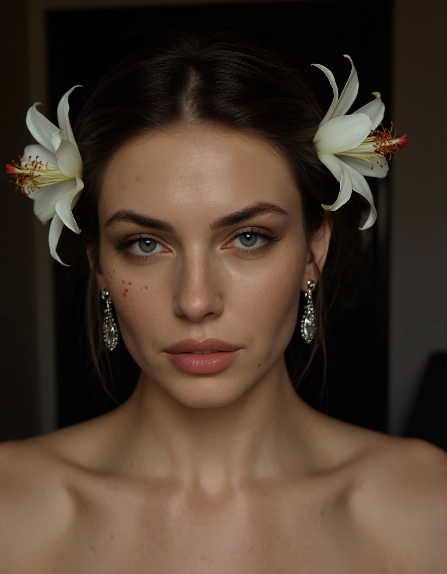 highly detailed, natural lighting, 1other, hair flower, earrings, facesitting, natural skin texture, score_9, score_8, amateur photo, phone snapshot, realistic skin texture, skin blemishes, soft indoor lighting