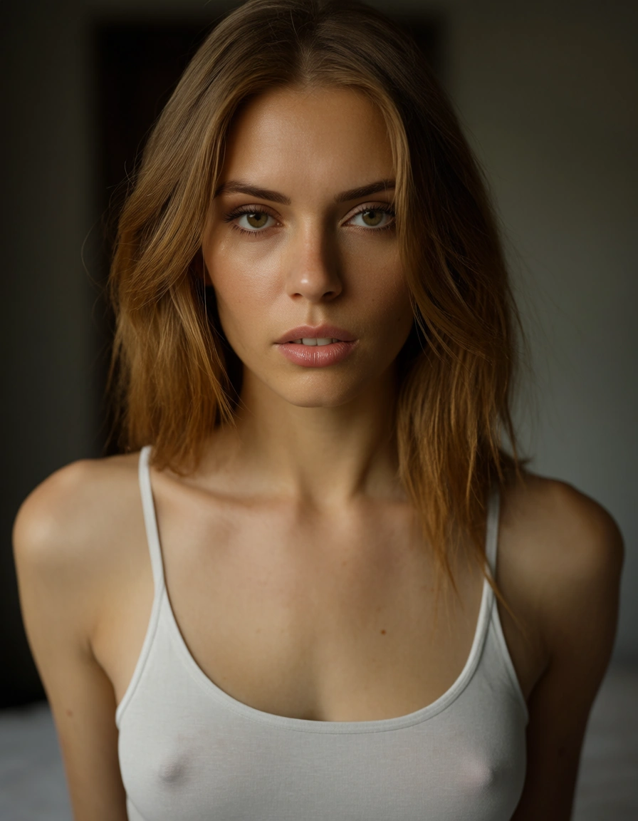 Skin light brown,hair light brown,medium tits, skinny naked_shirt, score_9, score_8, candid photo, realistic skin texture, visible skin pores, film grain, depth of field