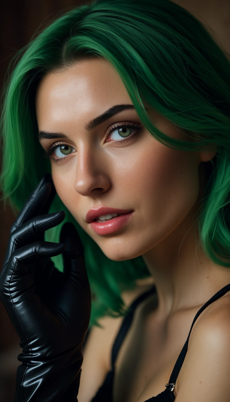 professional photo, high detail, couple, green hair, black gloves, creampie, 8k uhd photo
