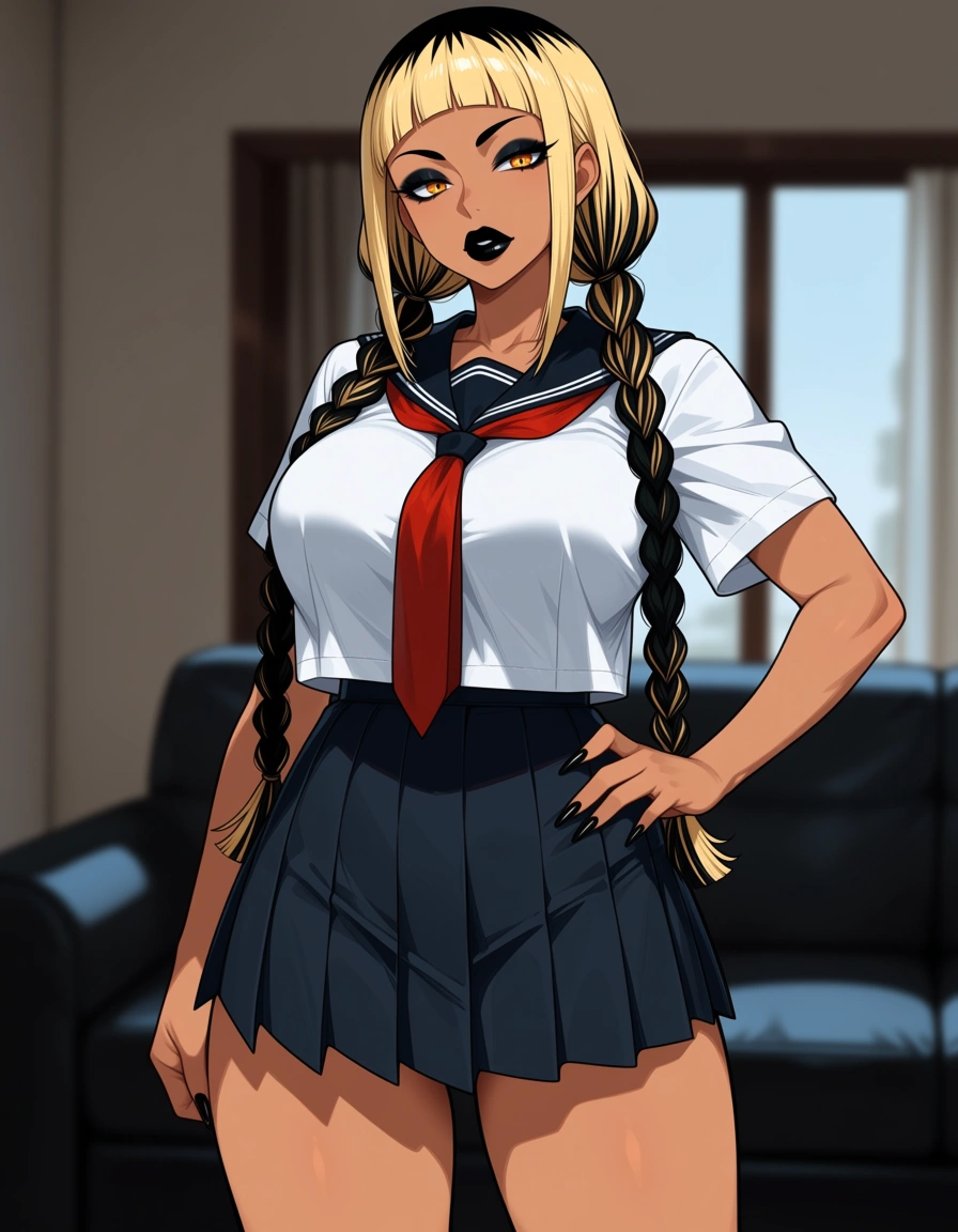 1girl, mature female, living room, very long thin braided low twintails, braids over shoulders, large breasts, arched bangs, sidelocks, tied hair, two-tone hair, black hair, blonde hair, gyaru, black thick lips, black eyeshadow, fierce eyes, school uniform, anime style, hentai_studio_quality