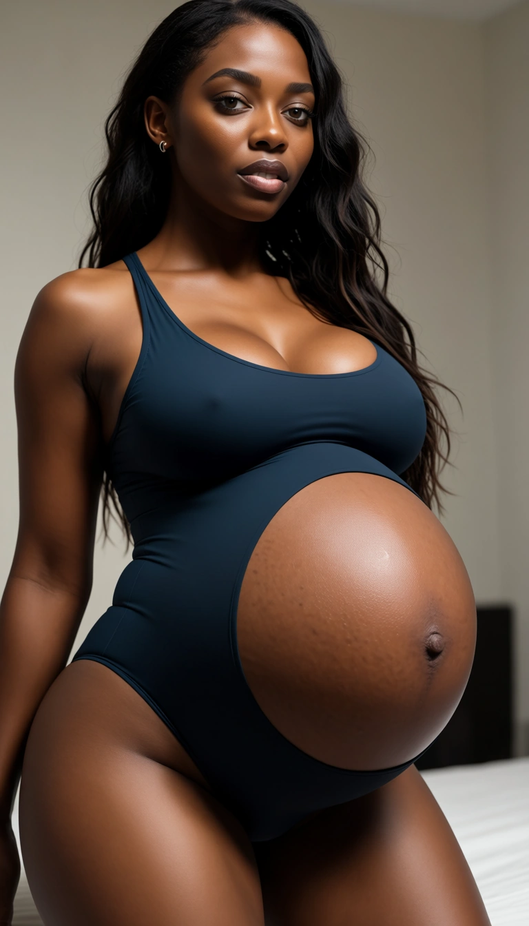Black woman in a tight one-piece_swimsuit growing a huge pregnant belly