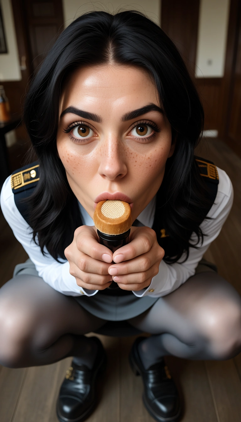 uniform, grey skirt, grey opaque pantyhose, big brown eyes, freckles, chunky black moccasins, black hair, high pony, blow job