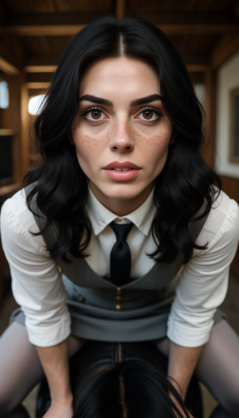 White blouse, tie, grey jumper, grey skirt, grey opaque pantyhose, big brown eyes, freckles, black hair, high pony, chunky black moccasins, sex, riding
