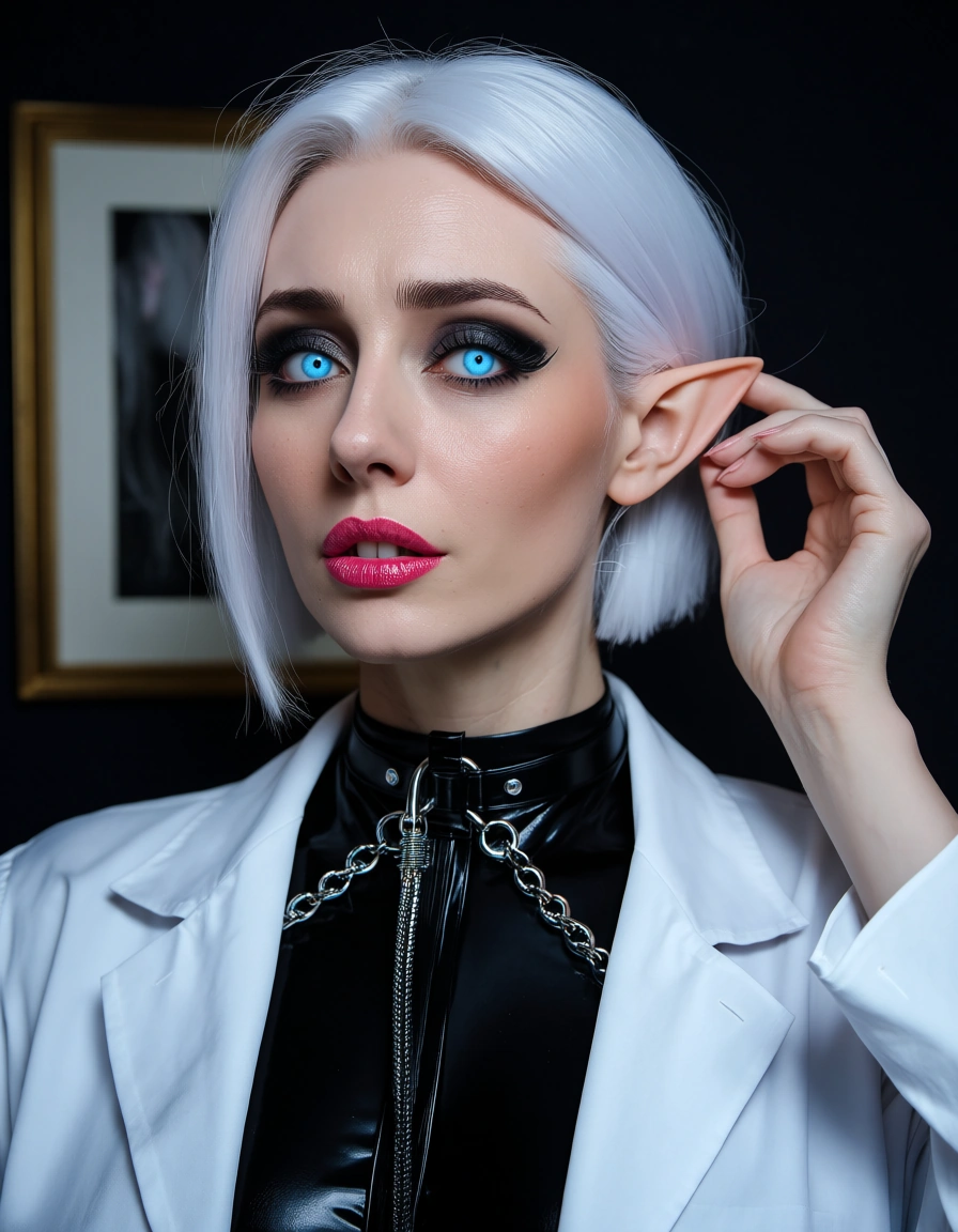 @makise_kurisu, smug, goth, parted_lips, picture_frame, simple_background, elf, electricity, bdsm, black_dress, covered_navel, adjusting_hair, short_hair, pink_lips, nervous, pixel_art, lab_coat, science_fiction, close-up, lipstick, blue_eyes, white_hair, score_9, score_8, candid photo, realistic skin texture, visible skin pores, film grain, depth of field