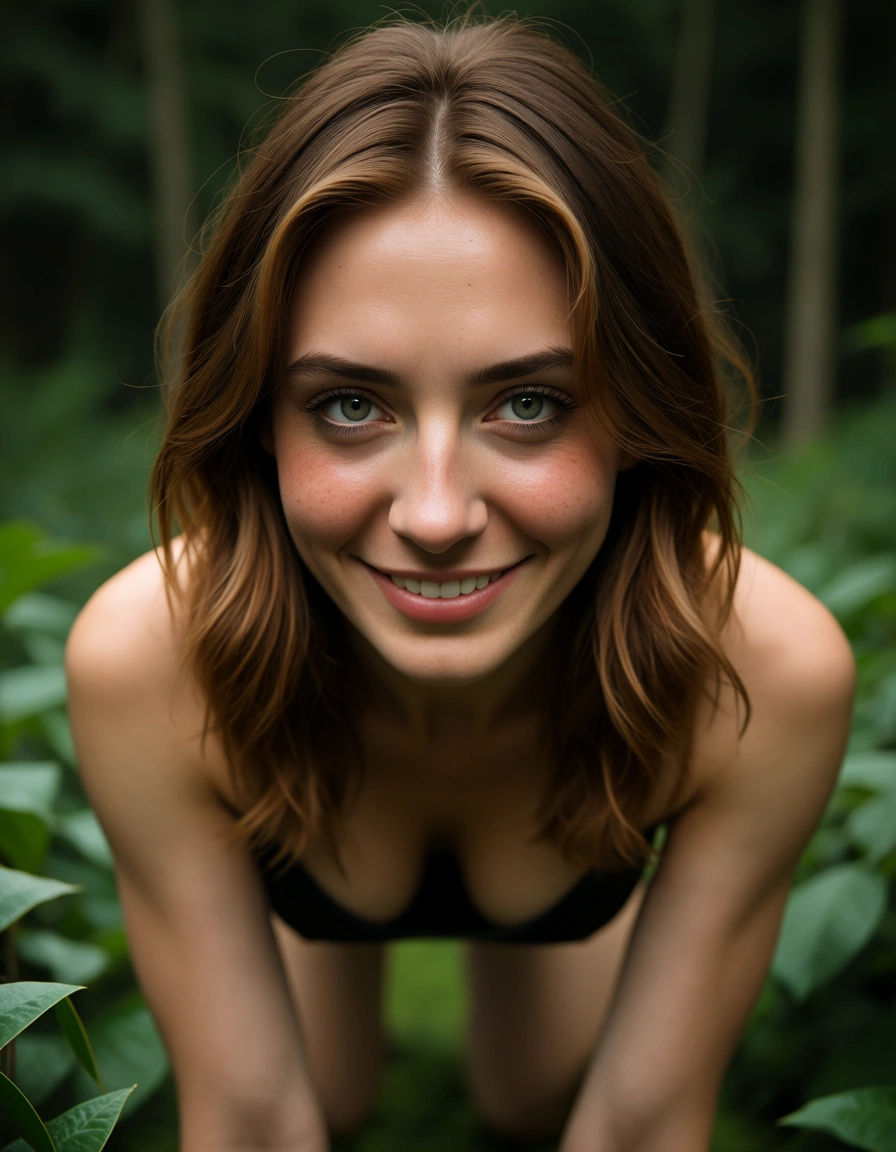 cinematic photo, 8k, low angle, milf, on all fours, bare shoulders, leaf, shy smile, photorealistic, score_9, score_8, candid photo, realistic skin texture, visible skin pores, film grain, depth of field
