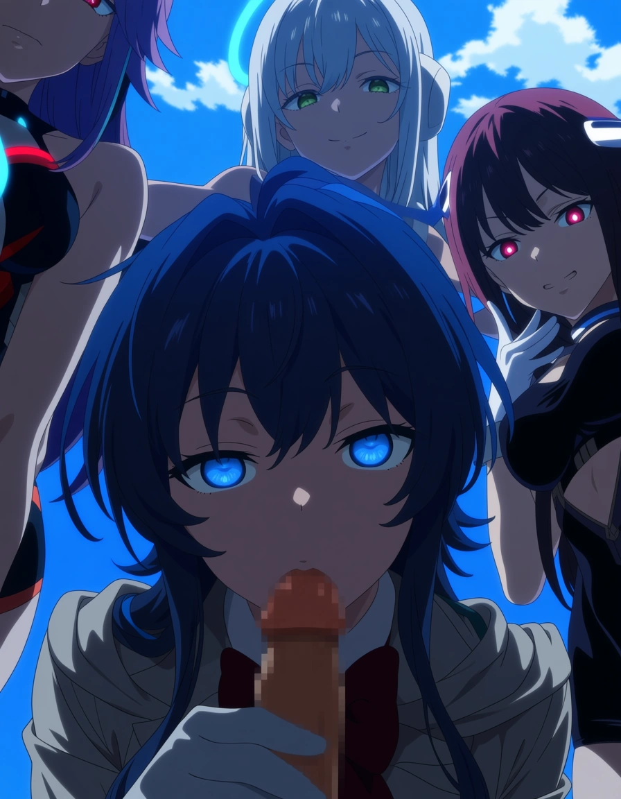 best quality, hyperrealistic, 5girls, ass, white gloves, blowjob, sky, rim light, RAW photo, (anime style:1.3), 2d, anime screencap, cel shading, flat color, @00osamio00