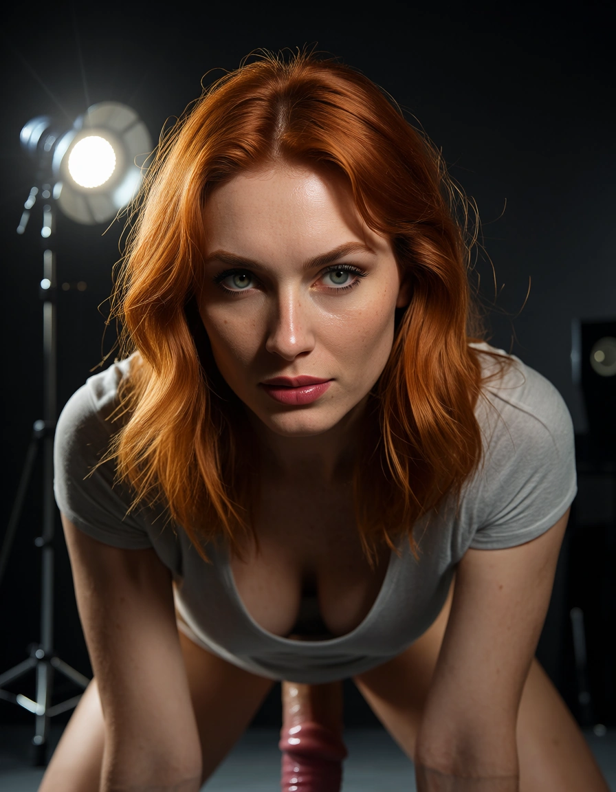 studio quality, sharp focus, redhead woman, shirt, on all fours, spotlight, dslr quality, large dildo , huge_penis, score_9, score_8, candid photo, realistic skin texture, visible skin pores, film grain, depth of field
