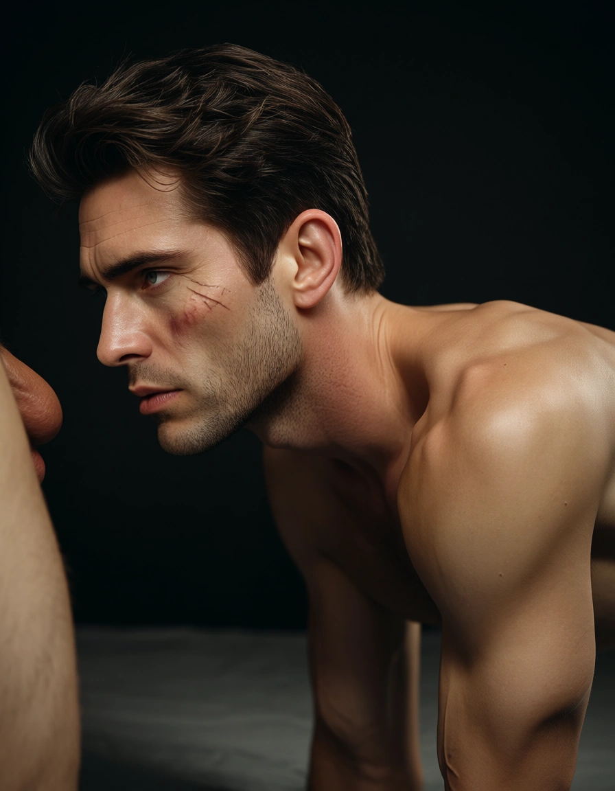 8k, sharp focus, detailed skin, side view, 2boys, on all fours, scar, nervous blush, studio photo, score_9, score_8, candid photo, realistic skin texture, visible skin pores, film grain, depth of field