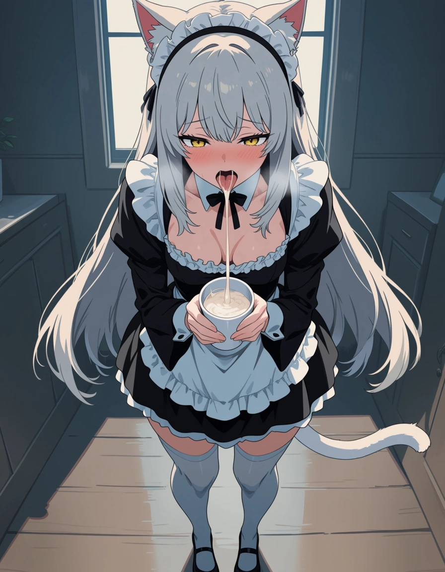 (anime style:1.3), 2d, anime screencap, cel shading, flat color, (futanari) , (futanari_masturbation) , neko ears , neko tail , maid , cum in cup , semen in cup , (breasts_out) , full_body , dick , solo