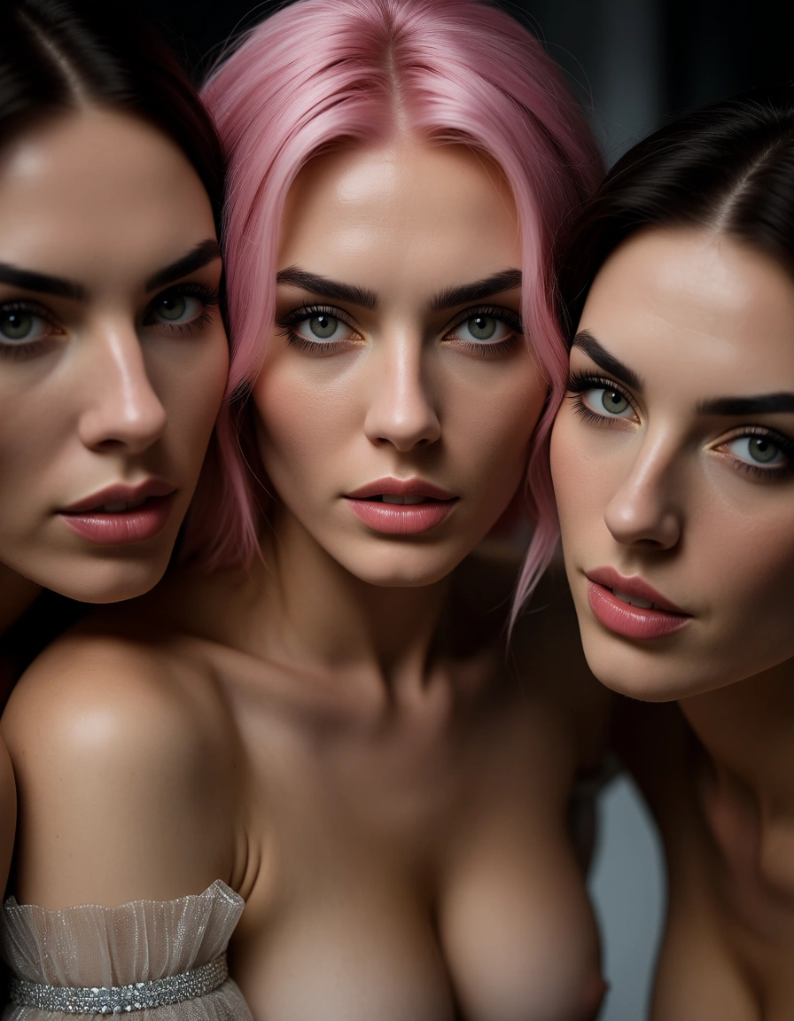 8k, sharp focus, detailed skin, 3women, pink hair, detached sleeves, facesitting, dslr quality, score_9, score_8, candid photo, realistic skin texture, visible skin pores, film grain, depth of field