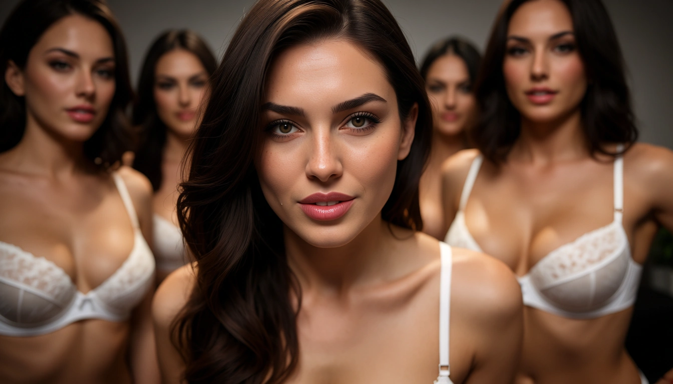 group of hot milfs in white lingerie, office_lady, score_9, score_8, candid photo, realistic skin texture, visible skin pores, film grain, depth of field