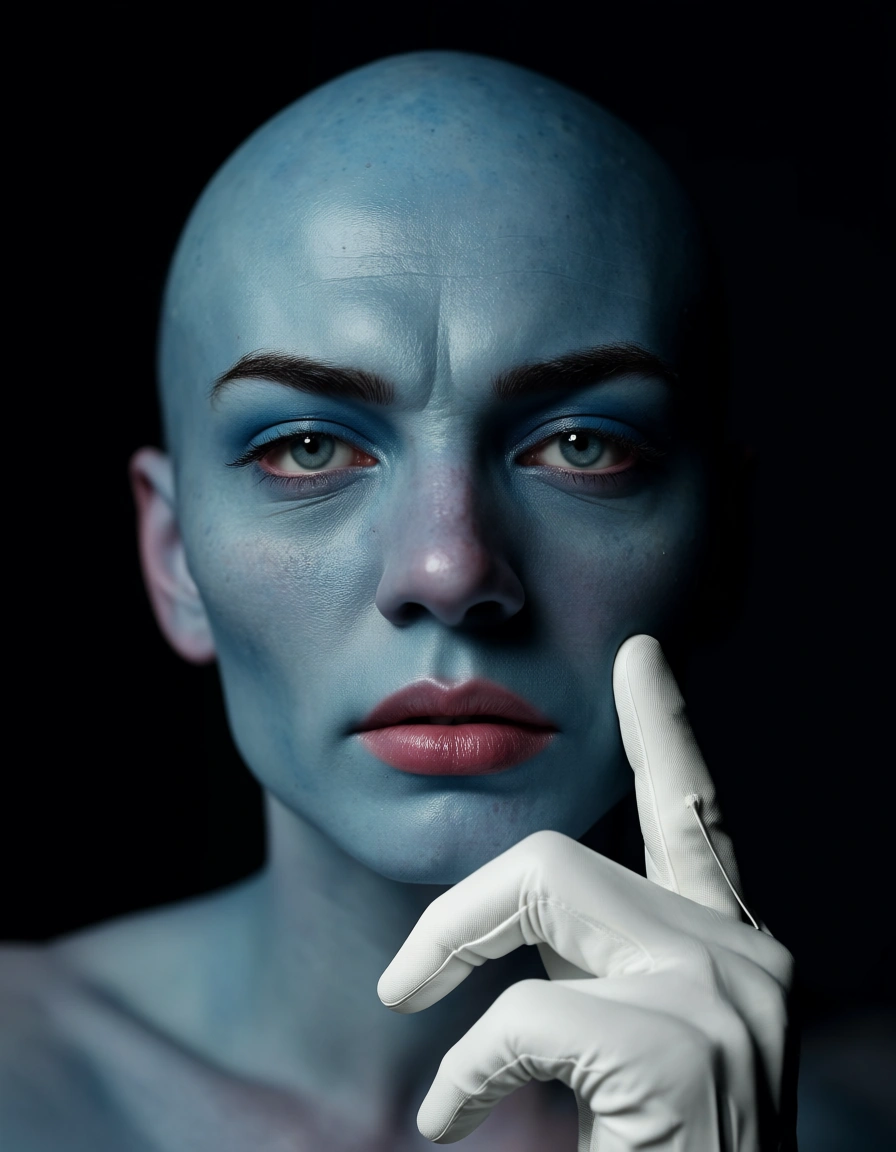sharp focus, 8k uhd, 1boy, colored skin, white gloves, doggy style, black background, medium shot, natural skin texture, score_9, score_8, candid photo, realistic skin texture, visible skin pores, film grain, depth of field