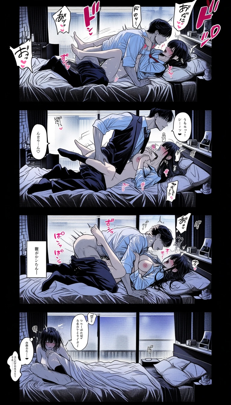 Masterpiece, best quality, ultra-detailed, detailed background, rich colors, *Tawawa on Monday* style, 5-panel layout, 5 scenes. Scene 1: A high school girl and a man in a suit are having sex in the missionary position, secretly, on a bed in an apartment bedroom. Scene 2: The man is thrusting vigorously; the girl is gasping intensely—full-body shot of both. Scene 3: The man wears a look of pleasure as he senses he is about to ejaculate. Scene 4: Missionary-style sex; the man ejaculates, and the girl reaches the peak of pleasure, gasping intensely—full-body shot. Scene 5: The two bask in the afterglow. Includes Japanese sound effects, Japanese speech bubbles, and Japanese dialogue., hentai_studio_quality