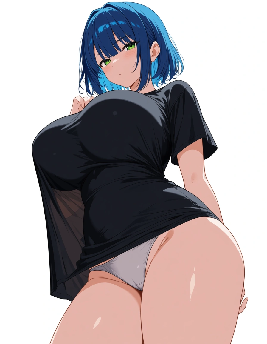 Blue hair, green eyes, large, wide breasts, thick thighs, short black shirt, white panties, sensual standing pose, white background.
ultra-detailed, sharp focus, 8k, absurdres, very detailed, high resolution, illustration, anime-influenced., hentai_studio_quality, hentai_studio_quality, hentai_studio_quality, hentai_studio_quality, hentai_studio_quality, hentai_studio_quality, hentai_studio_quality, hentai_studio_quality, hentai_studio_quality, hentai_studio_quality, hentai_studio_quality, hentai_studio_quality