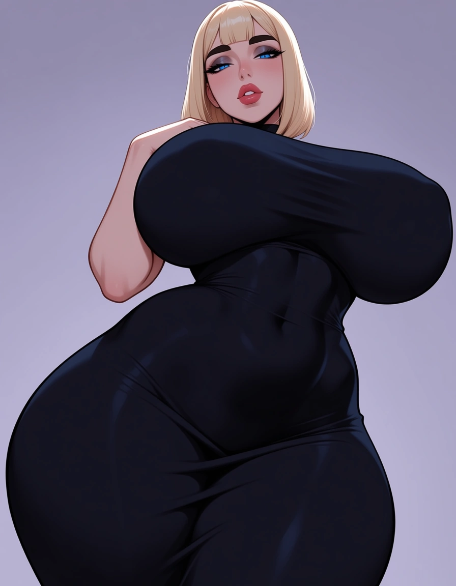 Blonde hair, blue eyes, full lips, thick eyebrows, a sensual gaze, huge breast, Tight black dress, thick thighs, background white 


(Masterpiece quality, ultra-detailed, sharp, waifu fanart, mega quality), hentai_studio_quality, hentai_studio_quality, hentai_studio_quality, hentai_studio_quality, hentai_studio_quality