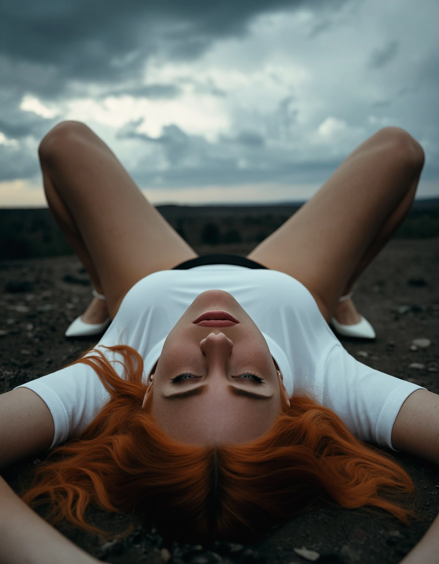 RAW photo, ultra realistic, redhead woman, white footwear, white shirt, missionary, cloud, cinematic realism, score_9, score_8, candid photo, realistic skin texture, visible skin pores, film grain, depth of field