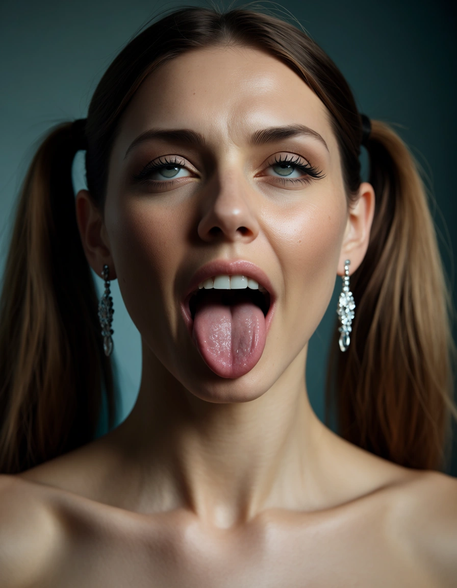 RAW photo, ultra realistic, solo female, twintails, earrings, ahegao, cool tones, natural skin texture, score_9, score_8, candid photo, realistic skin texture, visible skin pores, film grain, depth of field
