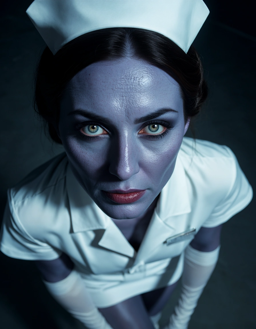 studio quality, sharp focus, nurse, colored skin, elbow gloves, leg up, night, from above, cinematic realism, score_9, score_8, candid photo, realistic skin texture, visible skin pores, film grain, depth of field