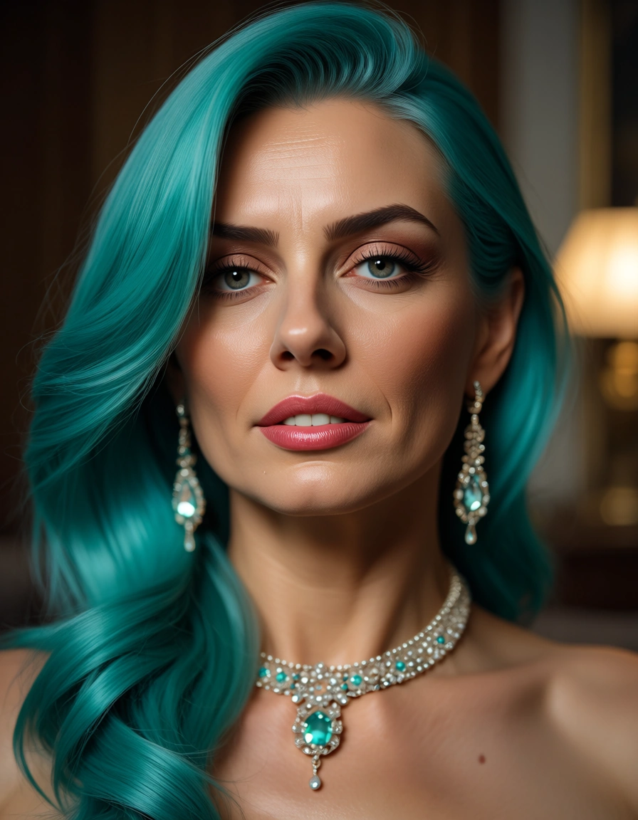 best quality, hyperrealistic, mature female, aqua hair, jewelry, facesitting, lifelike render, score_9, score_8, candid photo, realistic skin texture, visible skin pores, film grain, depth of field