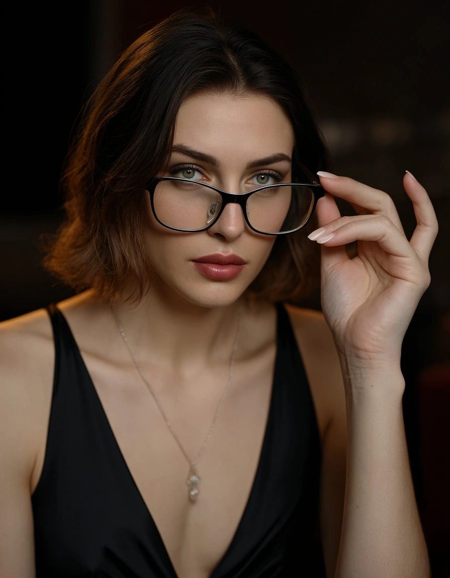 sharp focus, 8k uhd, male focus, glasses, cocktail dress, holding, futanari, portrait, photorealistic, score_9, score_8, candid photo, realistic skin texture, visible skin pores, film grain, depth of field