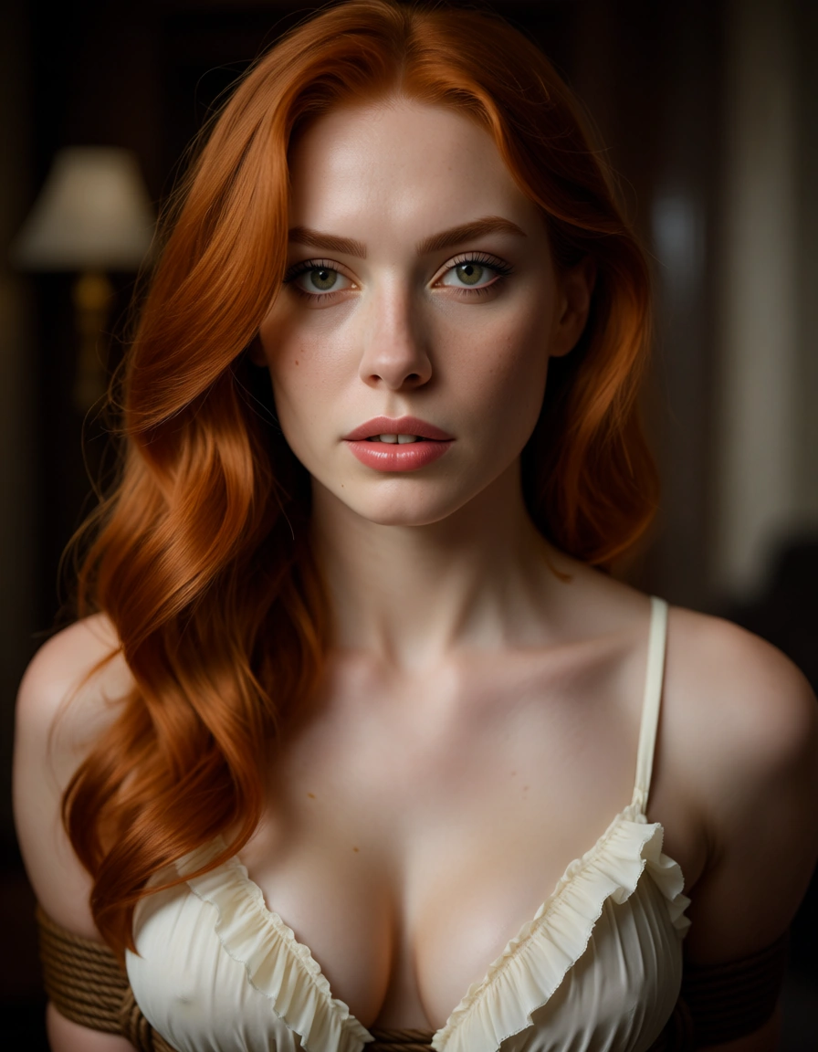 sharp focus, 8k uhd, redhead woman, frills, bondage, film photography, score_9, score_8, candid photo, realistic skin texture, visible skin pores, film grain, depth of field