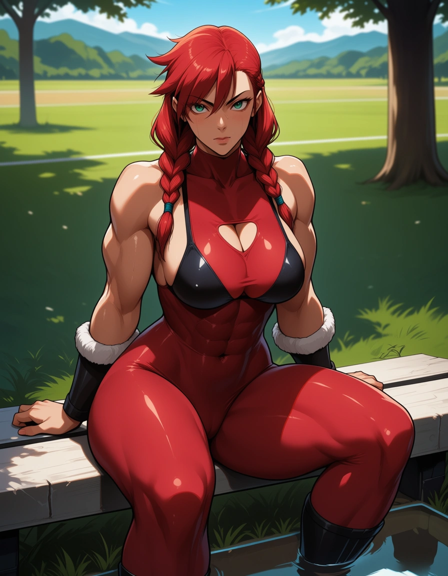 highly detailed, sharp, milf, sitting, creampie, athletic build, twin braids, outdoors, visual novel art, hentai_studio_quality